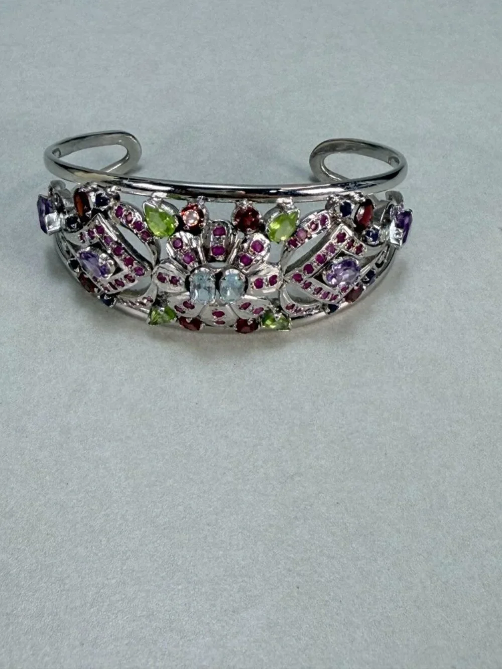 Vintage Rhodium Plated Multi Gemstone Floral Cuff Bracelet Open Bangle Statement